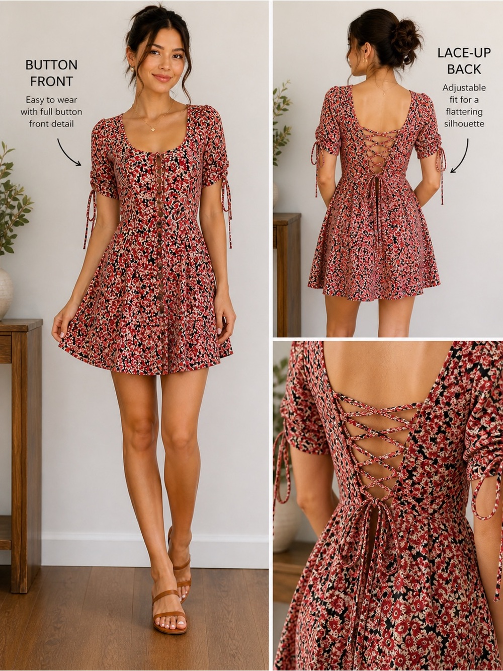 Freepeople Floral Mini Dress Button Front Lace-Up Back SZ M Petite friendly.NWOT